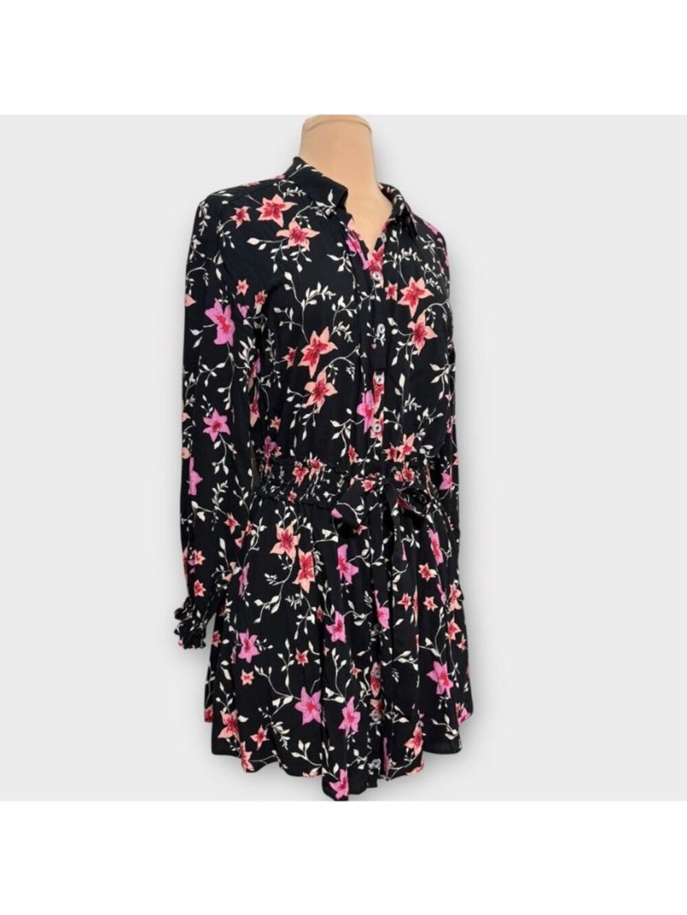 Free People Lighten Up Mini Small Floral Black Pink Shirt Dress Flounce Boho